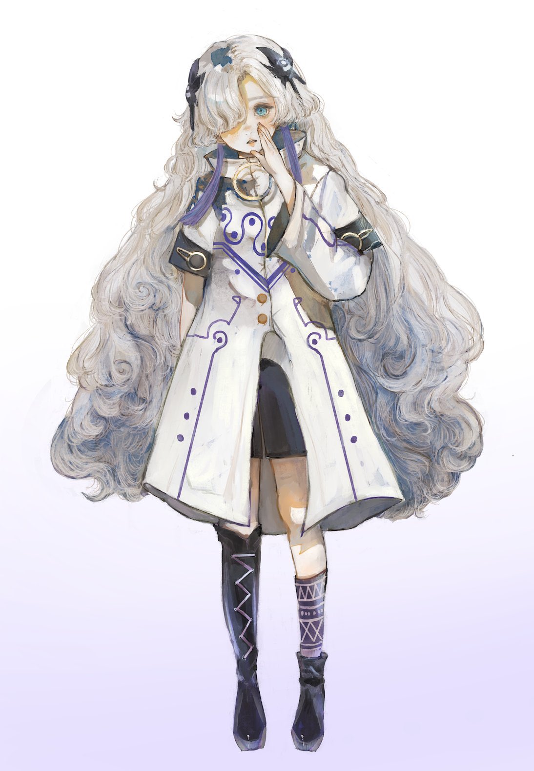 1girl arm_at_side asymmetrical_footwear asymmetrical_sleeves black_footwear black_shorts blue_eyes boots cevio coat commentary_request curly_hair full_body gradient_background grey_hair hair_ornament hair_over_one_eye hand_to_own_mouth hand_up head_tilt high_collar highres kamitsubaki_studio knee_boots long_hair looking_at_viewer o-ring one_eye_covered orie_h purple_background purple_hair purple_socks second-party_source sekai_(cevio) shorts single_knee_boot socks solo straight-on uneven_footwear uneven_sleeves very_long_hair white_background white_coat zipper zipper_pull_tab