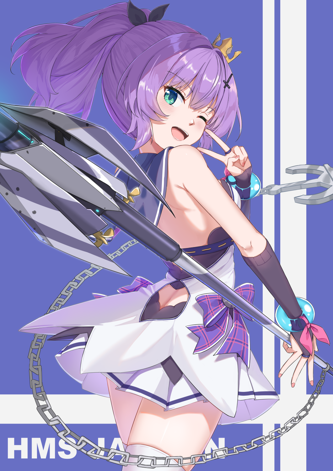 anchor as4gi azur_lane bridal_gauntlets chain character_name cross_hair_ornament crown dress green_eyes hair_ornament highres javelin_(azur_lane) looking_back mini_crown one_eye_closed polearm ponytail purple_hair sailor_collar smile thigh-highs v weapon white_dress white_thighhighs