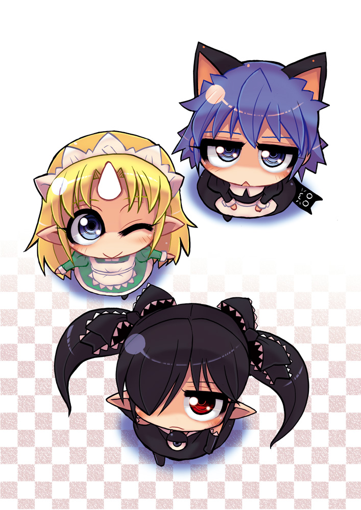 3girls :&gt; animal_ears apron backbeako backbeard black_dress black_gloves black_hair black_ribbon black_thighhighs blonde_hair blue_eyes blue_hair blush cat cat_ears checkered_background chibi chibi_yami closed_mouth commentary_request dress elbow_gloves from_above futaba_channel gegege_no_kitarou gloves green_dress hair_over_one_eye hair_ribbon horns jitome kirin_(nijiura_maid) long_hair long_sleeves looking_at_viewer looking_up maid_headdress multiple_girls nijiura_maids one_eye_closed open_mouth original partial_commentary pointy_ears red_eyes ribbon ringed_eyes short_hair simple_background single_horn sleeveless sleeveless_dress smile thigh-highs torotei triangle_mouth twintails waist_apron white_apron white_background