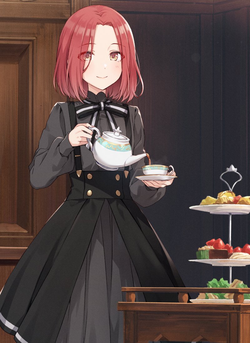 1girl black_dress brown_eyes closed_mouth commentary_request cup dress grete_(spy_kyoushitsu) grey_dress long_dress looking_at_viewer parted_bangs parted_hair pouring redhead serving short_hair smile solo spy_kyoushitsu teacup teapot tiered_tray tomari_(veryberry00) underbust