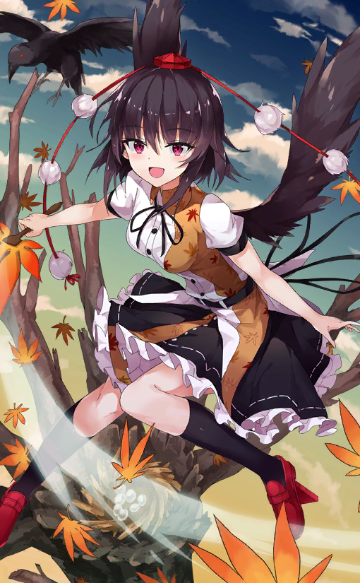 1girl autumn_leaves bare_tree bird black_bow black_bowtie black_hair black_skirt black_socks black_wings blue_sky blush bow bowtie buttons clouds collared_shirt crow egg feathered_wings frilled_skirt frills geta gradient_sky hand_fan hat hauchiwa hide448 holding holding_fan kneehighs leaf_print looking_at_viewer miniskirt nest official_art open_mouth pom_pom_(clothes) puffy_short_sleeves puffy_sleeves red_eyes red_footwear red_headwear ribbon ribbon-trimmed_skirt ribbon_trim shameimaru_aya shirt short_hair short_sleeves skirt sky smile socks tengu-geta tokin_hat touhou touhou_cannonball tree white_ribbon white_shirt wind wings yellow_sky
