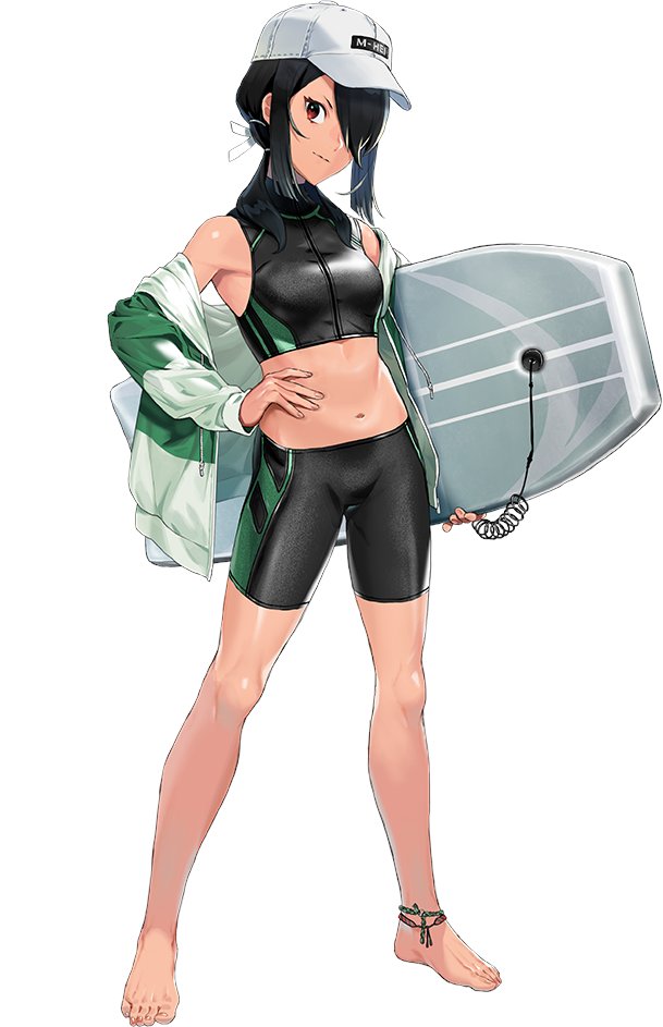 1girl barefoot bike_shorts black_hair black_shorts breasts hair_over_one_eye hair_over_shoulder hand_on_own_hip jacket kantai_collection kumano_maru_(kancolle) long_hair looking_at_viewer low_ponytail medium_breasts midriff multicolored_clothes multicolored_jacket navel official_art rash_guard red_eyes shorts sidelocks solo standing surfboard third-party_source transparent_background two-tone_jacket umihara_sakana white_headwear white_jacket