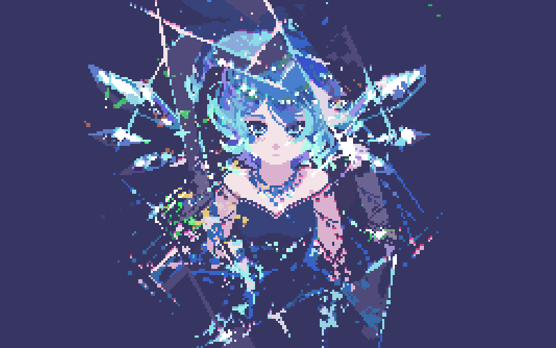 1girl blue_background blue_dress blue_eyes blue_hair breaking cirno closed_mouth curly_hair dress ice ice_wings jewelry loftyanchor looking_at_viewer necklace pixel_art shattered short_hair sparkle strapless strapless_dress touhou wings