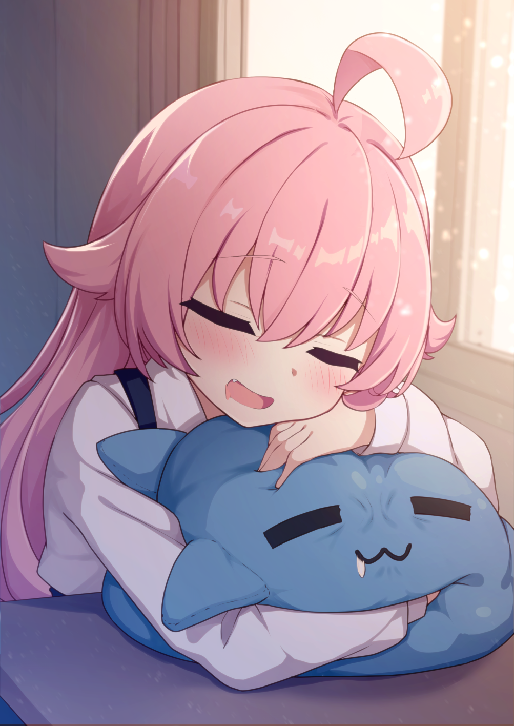 1girl ahoge blue_archive blush closed_eyes commentary_request crossed_bangs drooling fang highres hoshino_(blue_archive) indoors lolikaku long_sleeves mouth_drool open_mouth pink_hair revision shirt shoulder_strap sleeping sleeping_upright solo stuffed_animal stuffed_toy stuffed_whale upper_body white_shirt