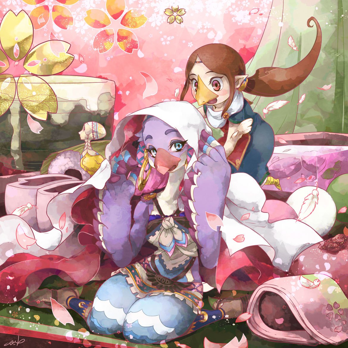 2girls animal_feet artist_name bare_shoulders beak bird bird_girl bird_legs blanket blue_dress blue_eyes blue_fur blush blush_stickers body_fur breasts brown_hair cherry_blossoms claws collarbone commentary_request curtains dango dress earrings feathered_wings feathers food from_side full_body furry furry_female hair_tie hands_up hoop_earrings in-franchise_crossover jewelry kandori_makoto knees_together_feet_apart long_dress long_hair looking_at_another looking_at_viewer medli miniskirt multicolored_fur multiple_girls ooccoo open_mouth parted_bangs petals pink_hair pointy_ears ponytail profile purple_fur purple_wings red_eyes rito saki_(zelda) sanshoku_dango scarf shirt short_hair short_sleeves signature sitting skirt sleeveless sleeveless_shirt small_breasts tabard the_legend_of_zelda the_legend_of_zelda:_breath_of_the_wild the_legend_of_zelda:_the_wind_waker the_legend_of_zelda:_twilight_princess thick_thighs thighs very_long_hair wagashi wariza white_feathers white_fur white_scarf white_shirt white_skirt wide-eyed winged_arms wings