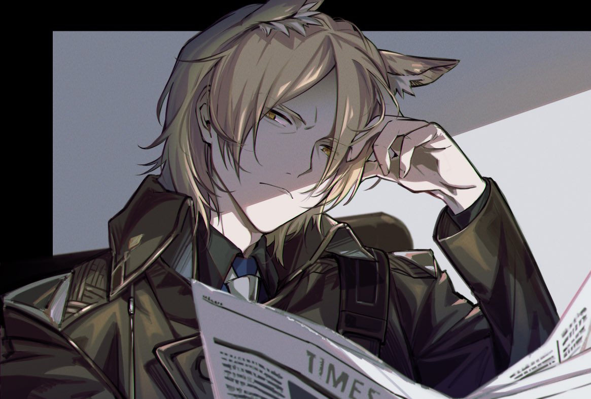 1boy animal_ear_fluff animal_ears arknights black_jacket blonde_hair blue_shirt border collared_shirt glaring grey_background hand_on_own_head hand_up holding holding_newspaper horse_boy horse_ears ieiieiiei jacket looking_at_viewer male_focus mlynar_(arknights) necktie newspaper parted_bangs shaded_face shadow shirt short_hair simple_background solo upper_body white_necktie yellow_eyes