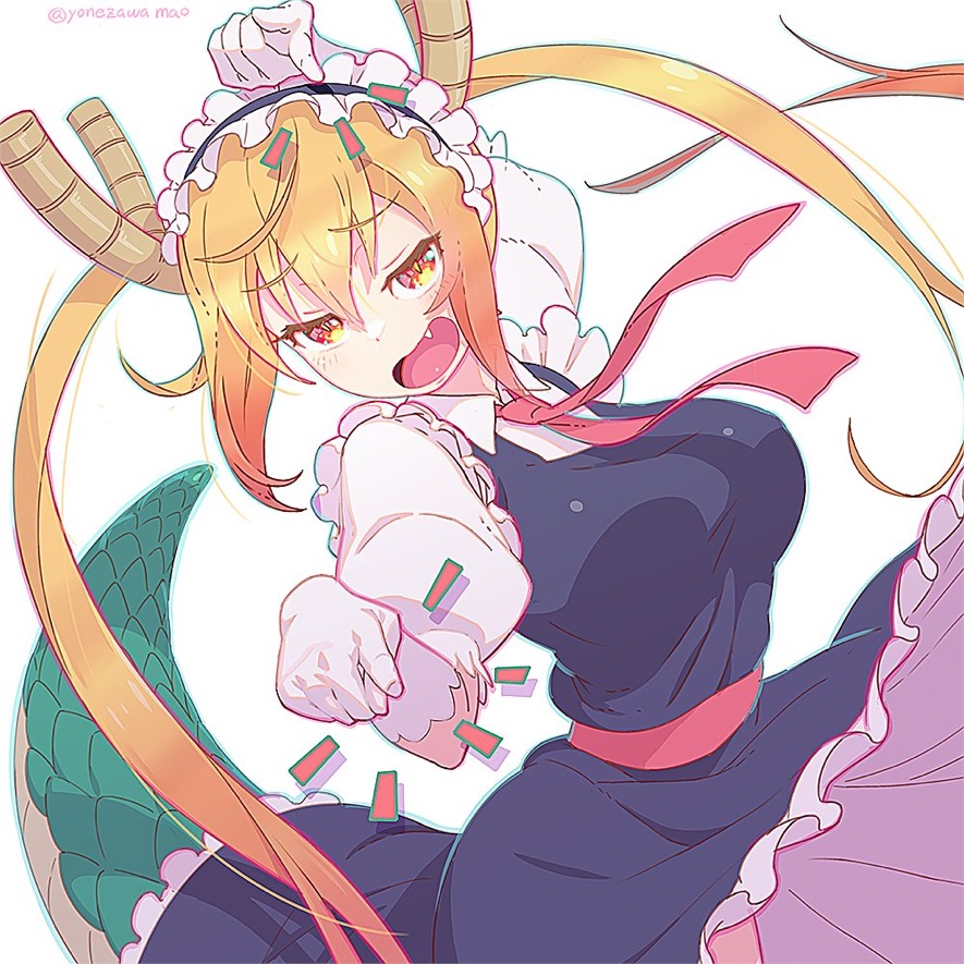 1girl beads blonde_hair blush breasts dragon_girl dragon_horns dragon_tail fang gloves hair_beads hair_ornament horns horns_through_headwear kobayashi-san_chi_no_maidragon large_breasts long_hair looking_at_viewer maid maid_headdress multicolored_hair necktie open_mouth orange_eyes red_necktie scales simple_background skin_fang slit_pupils solo tail tohru_(maidragon) twintails twitter_username white_background white_gloves yonezawa_mao