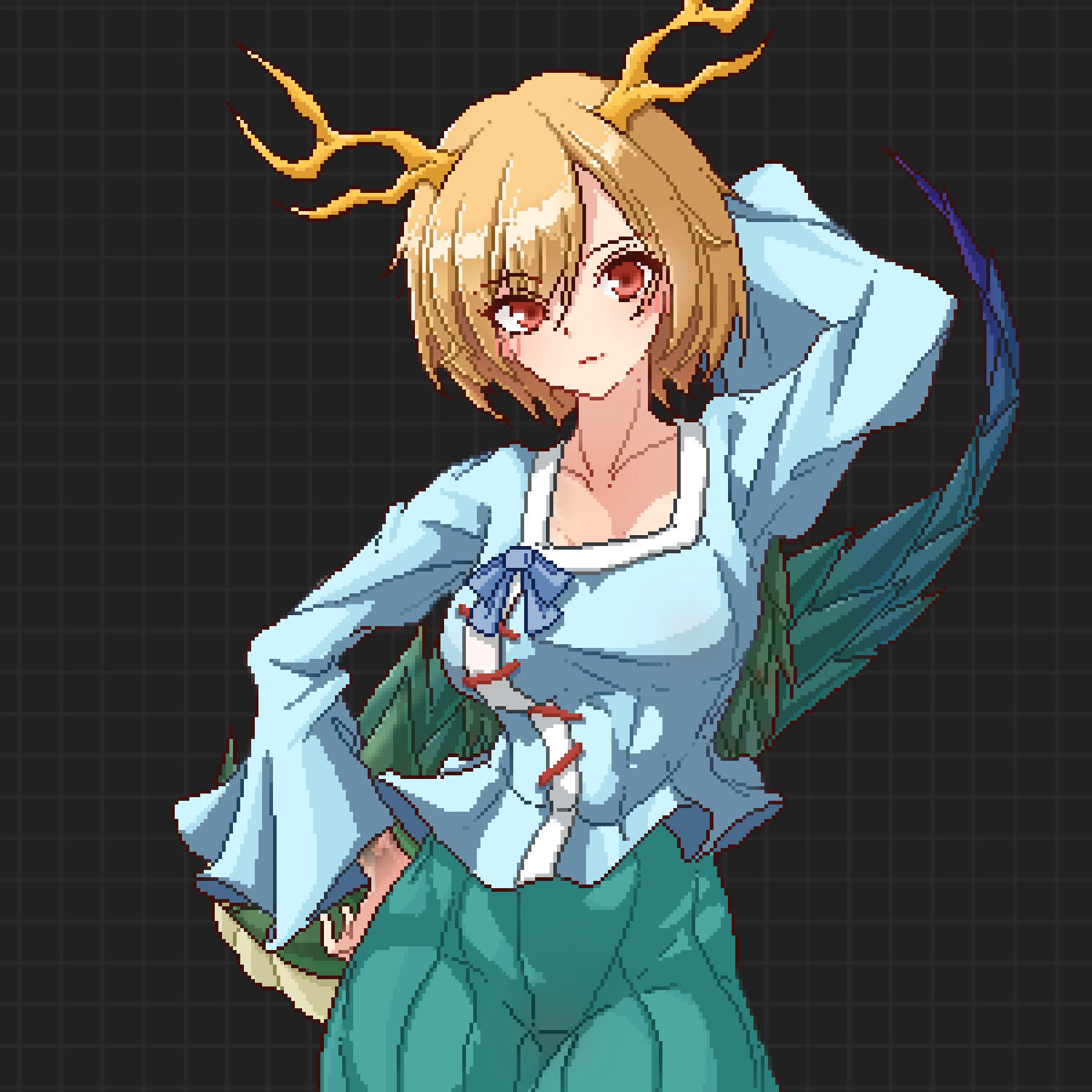 1girl arm_behind_head black_background blonde_hair blue_bow blue_shirt blush bow breasts collarbone commentary_request cowboy_shot dragon_girl dragon_horns dragon_tail eaglov green_skirt hand_on_own_hip highres horns kicchou_yachie large_breasts long_sleeves looking_at_viewer pixel_art red_eyes shirt short_hair simple_background skirt solo tail touhou turtle_shell variant_set