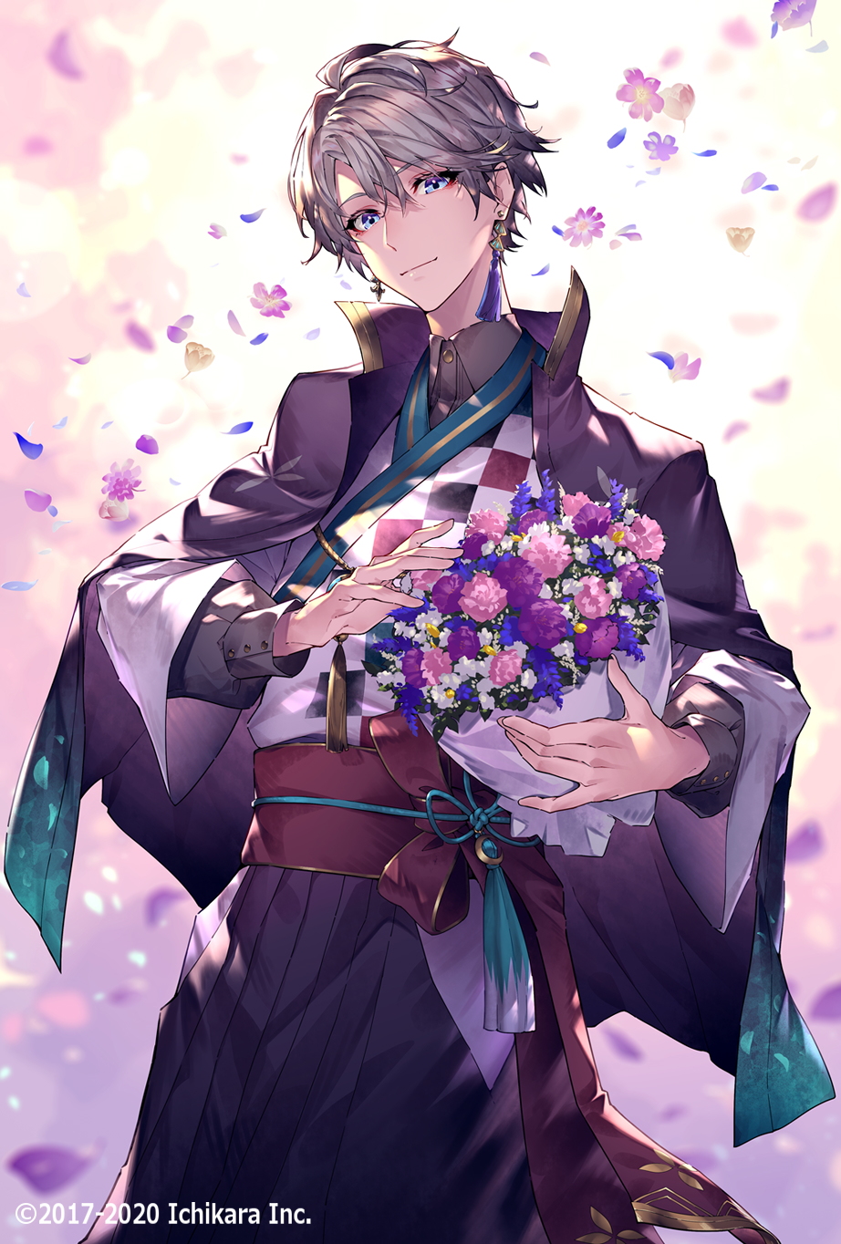 1boy black_capelet black_hakama blue_eyes blue_flower bouquet buttoned_cuffs capelet checkered_clothes checkered_kimono collared_shirt copyright cowboy_shot earrings essual_(layer_world) falling_petals flower gradient_background gradient_clothes grey_hair grey_shirt hair_between_eyes hakama highres holding holding_bouquet japanese_clothes jewelry kaida_haru kimono long_sleeves looking_at_viewer male_focus mismatched_earrings nijisanji obijime official_art petals pink_background pink_flower print_kimono purple_flower red_eyeliner red_sash sash shirt short_hair smile solo tassel tassel_earrings virtual_youtuber white_flower white_kimono yellow_flower