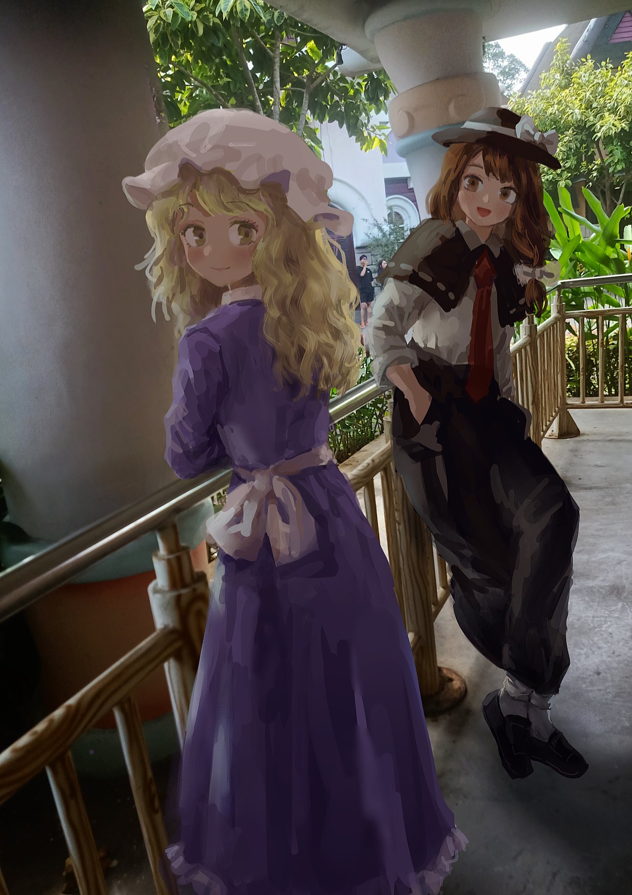 2girls :d against_railing black_dress blonde_hair blush bow brown_eyes brown_hair capelet crossed_ankles dress fedora feet_out_of_frame full_body hat hat_bow highres himuhino light_smile looking_at_another looking_at_viewer looking_back maribel_hearn mob_cap multiple_girls necktie open_mouth outdoors people photo_background purple_dress railing real_life red_necktie smile standing touhou usami_renko wavy_hair white_bow yellow_eyes