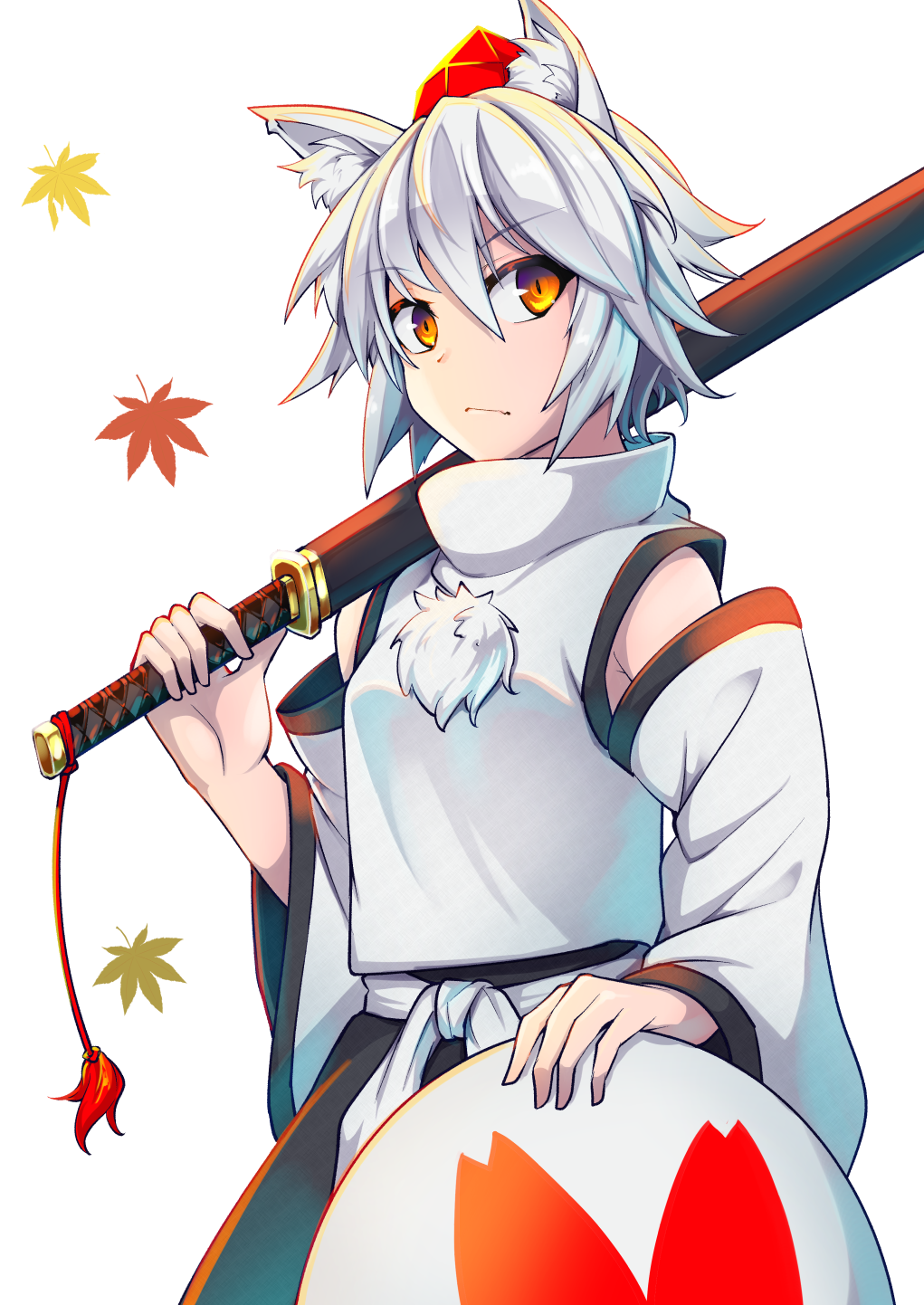 1girl :/ animal_ear_fluff animal_ears ashiroku_(miracle_hinacle) closed_mouth cowboy_shot detached_sleeves grey_hair hair_between_eyes hand_up hat highres holding holding_sword holding_weapon inubashiri_momiji leaf looking_at_viewer maple_leaf medium_hair orange_eyes over_shoulder parted_bangs scabbard sheath sheathed shield shirt skirt solo sword tokin_hat tomboy touhou weapon weapon_over_shoulder white_shirt wolf_ears
