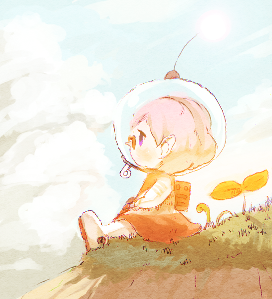 1girl alien b_spa_gyoreva backpack bad_id bad_pixiv_id bag blue_eyes blue_sky blush brittany_(pikmin) cliff clouds from_side full_body glasses gloves grass hands_on_lap helmet leaf looking_ahead no_mouth pikmin_(series) pink_bag pink_gloves pink_hair pink_light pink_skirt pointy_ears pointy_nose radio_antenna red-framed_eyewear short_hair sitting skirt sky solid_oval_eyes space_helmet spacesuit sprout third-party_source whistle