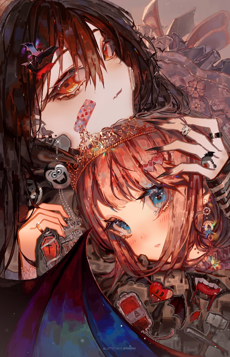 2girls artist_name bandaid bandaid_on_face bat_hair_ornament black_hair black_nails blue_eyes blush brown_hair couple diyokama ear_chain earclip earrings english_commentary english_text fang hair_between_eyes hair_ornament hand_on_another's_head jewelry light_particles long_hair looking_at_viewer multiple_girls multiple_rings original parted_bangs parted_lips princess red_eyes ring shadow short_hair tearing_up tiara upper_body vampire yuri