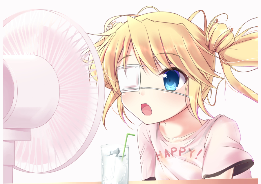 1girl blonde_hair blue_eyes clothes_writing collarbone commentary_request drinking_straw electric_fan eyepatch fang floating_hair long_hair nakatsu_shizuru one_eye_covered open_mouth pink_shirt rewrite shirt short_sleeves simple_background solo tagame_(tagamecat) twintails upper_body variant_set white_background