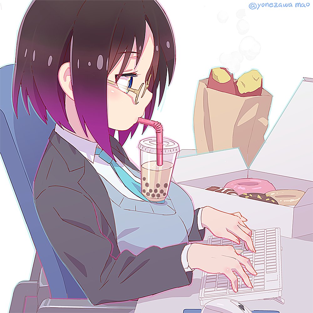 1girl blue_eyes breasts bubble_tea bubble_tea_challenge chair convenient_breasts cup disposable_cup doughnut drinking drinking_straw drinking_straw_in_mouth duplicate elma_(maidragon) food from_side glasses gradient_hair keyboard_(computer) kobayashi-san_chi_no_maidragon large_breasts long_sleeves mouse_(computer) multicolored_hair necktie office_chair on_chair pixel-perfect_duplicate simple_background sitting solo sweet_potato swivel_chair twitter_username typing upper_body white_background yonezawa_mao