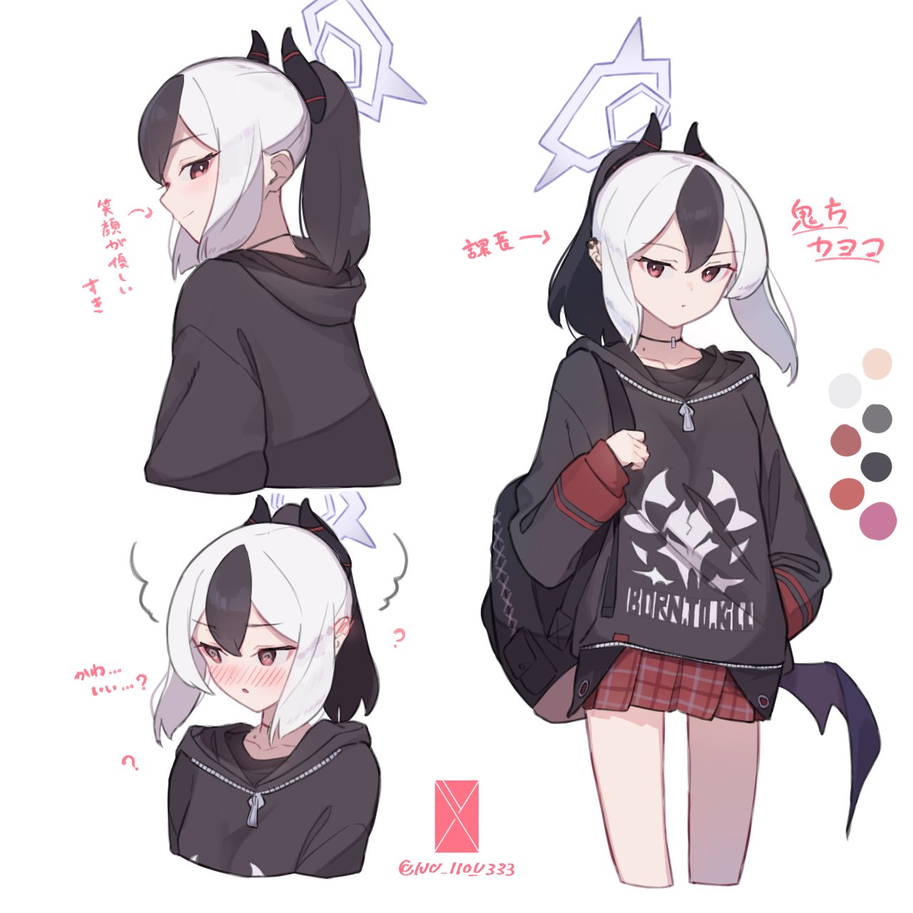 1girl @_@ backpack bag black_hair black_shirt blue_archive blush choker color_guide ear_piercing halo hand_in_pocket head_steam highres hood hoodie horns kayoko_(blue_archive) long_sleeves looking_at_viewer looking_to_the_side low_wings miniskirt multicolored_hair multiple_views nkst nose_blush piercing plaid plaid_skirt pleated_skirt ponytail red_eyes red_skirt shirt short_hair sidelocks single_wing skirt translation_request twitter_username two-tone_hair white_background white_hair wings