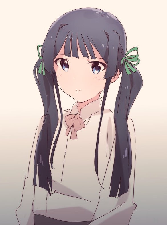 1girl alternate_hairstyle black_hair blue_eyes blush bow bowtie breasts closed_mouth dot_nose green_ribbon hair_bow hair_over_shoulder hair_ribbon idolmaster idolmaster_million_live! idolmaster_million_live!_theater_days long_hair long_sleeves looking_at_viewer medium_breasts mogami_shizuka norada pink_bow pink_bowtie ribbon shirt simple_background smile solo twintails upper_body white_background white_shirt