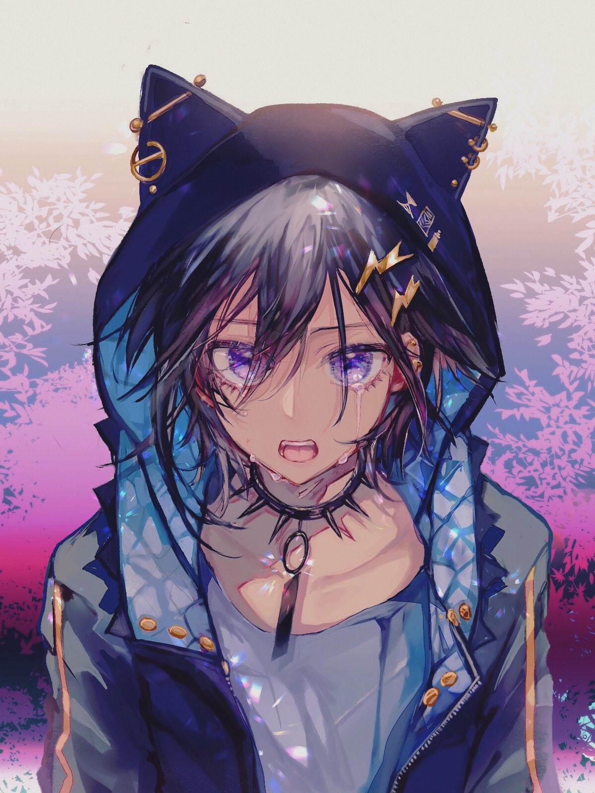 1boy animal_hood black_collar black_hair black_jacket cat_hood collar crying crying_with_eyes_open ear_piercing gradient_background grey_background grey_shirt hair_between_eyes hair_ornament hairclip highres holostars hood hood_up hooded_jacket jacket kanade_izuru lightning_bolt_hair_ornament lightning_bolt_symbol looking_at_viewer male_focus open_clothes open_jacket open_mouth padded_jacket piercing plant shirt short_hair slit_pupils solo spiked_collar spikes straight-on sumi_otto t-shirt tears teeth two-sided_fabric two-sided_jacket upper_body upper_teeth_only violet_eyes virtual_youtuber zipper
