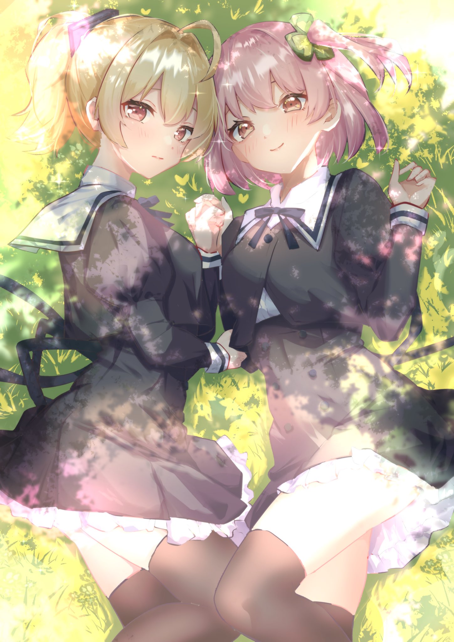 2girls ahoge andou_tazusa assault_lily black_ribbon black_skirt black_thighhighs blonde_hair blush brown_eyes buttons closed_mouth clover_hair_ornament commentary_request cowboy_shot cropped_jacket dappled_sunlight day four-leaf_clover_hair_ornament frilled_skirt frills grass hair_between_eyes hair_ornament hands_up high-waist_skirt highres hitotsuyanagi_riri holding_hands houji_tea_latte juliet_sleeves long_sleeves looking_at_viewer looking_to_the_side lying miniskirt multiple_girls neck_ribbon on_grass on_ground on_side one_side_up pink_hair ponytail puffy_sleeves ribbon school_uniform shirt short_hair skirt smile sunlight thigh-highs white_shirt yuri yurigaoka_girls_academy_school_uniform