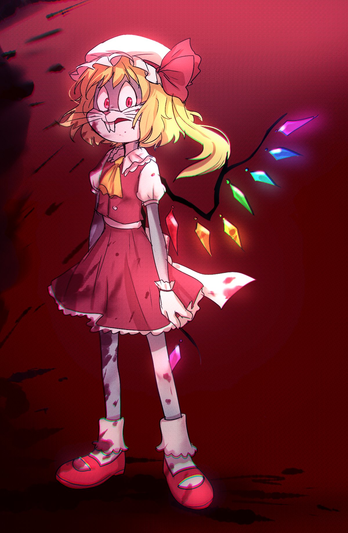 1boy ascot blonde_hair buck_teeth bugs_bunny collared_shirt commentary cosplay crystal english_commentary flandre_scarlet flandre_scarlet_(cosplay) frilled_shirt_collar frilled_skirt frills full_body furry furry_male hat hat_ribbon highres himuhino long_hair looking_at_viewer looney_tunes male_focus mary_janes mob_cap one_side_up open_mouth pink_eyes puffy_short_sleeves puffy_sleeves rabbit_boy red_background red_footwear red_ribbon red_skirt red_vest ribbon shirt shoes short_sleeves skirt skirt_set socks solo standing teeth touhou vest whiskers white_headwear white_shirt white_socks wings yellow_ascot