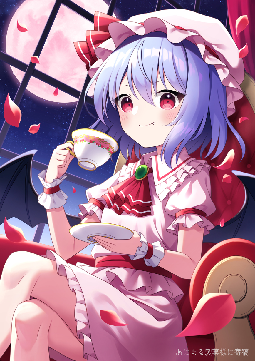 1girl ascot bat_wings chair closed_mouth commentary_request crossed_legs cup fang full_moon hat hat_ribbon highres holding holding_cup looking_at_viewer mob_cap moon night pink_headwear purple_hair red_ascot red_eyes red_ribbon remilia_scarlet ribbon short_hair short_sleeves sitting smile solo suzuno_naru teacup touhou window wings