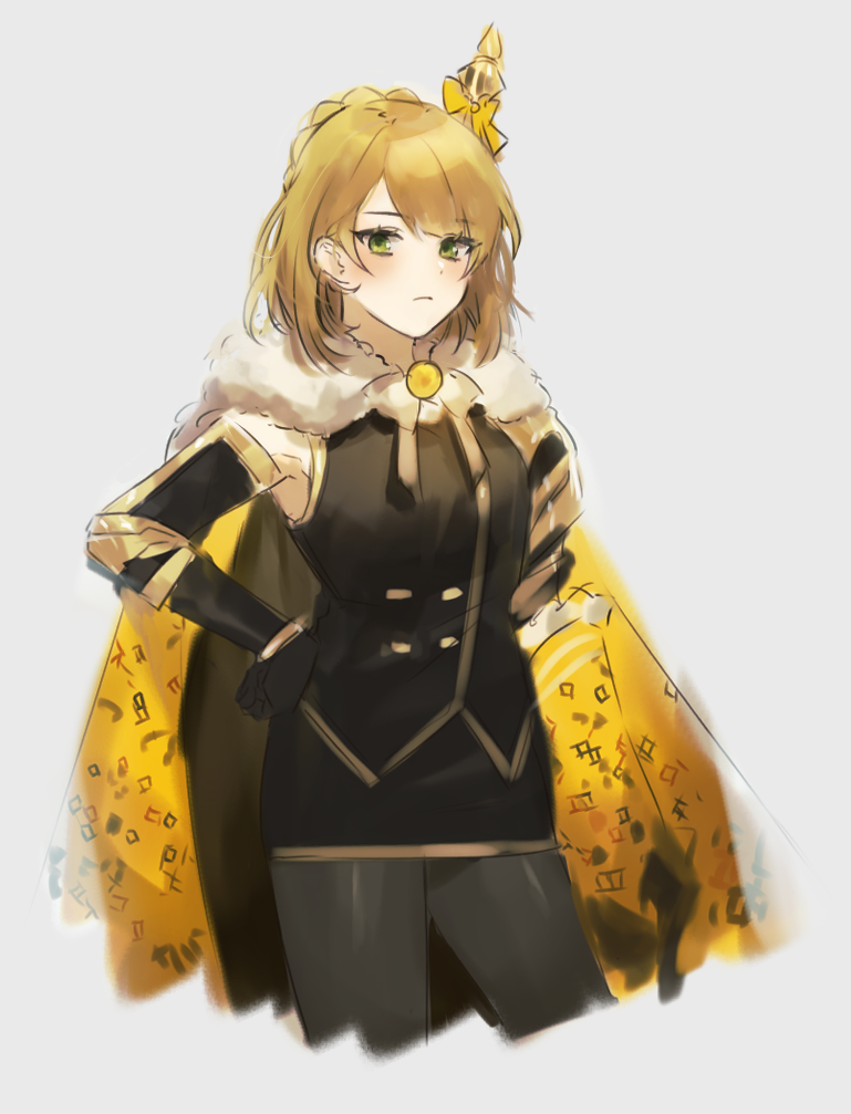 1girl ap5ry black_gloves black_jacket black_skirt blonde_hair blush bow bowtie cape closed_mouth crown detached_sleeves e.g.o_(project_moon) fur-trimmed_cape fur_trim gauntlets gloves gold_trim green_eyes grey_background hair_bow jacket library_of_ruina long_sleeves medium_hair pencil_skirt project_moon simple_background single_gauntlet skirt solo tiphereth_a_(project_moon) white_bow white_bowtie yellow_bow yellow_cape
