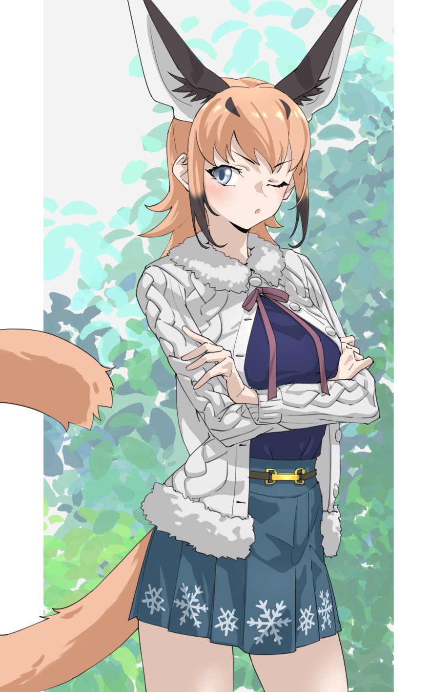 1girl animal_ear_fluff animal_ears black_hair blue_eyes blue_shirt blue_skirt blush caracal_(kemono_friends) caracal_ears casual cat_ears cat_girl cat_tail commentary cowboy_shot crossed_arms extra_ears fur_collar hair_between_eyes highres kemono_friends kemono_friends_3 long_sleeves looking_to_the_side multicolored_hair official_alternate_costume one_eye_closed orange_hair pleated_skirt shirt short_hair sidelocks skirt solo sweater tail tanabe_(fueisei) two-tone_hair white_fur white_sweater