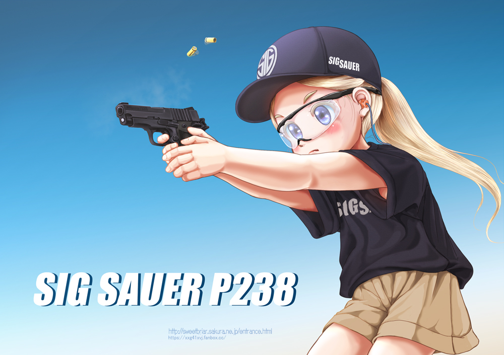 1girl aiming baseball_cap black_headwear black_shirt blonde_hair blue_background blue_eyes blush brown_shorts casing_ejection closed_mouth clothes_writing cocked_hammer colored_eyelashes colored_text company_name cowboy_shot ear_protection finger_on_trigger firing floating floating_object from_side frown gradient_background gun handgun hat headwear_writing holding holding_gun holding_weapon kahis_(sweetbriar) light_blue_background logo looking_ahead merchandise original petite ponytail safety_glasses serious shell_casing shirt shooting_glasses short_sleeves shorts sig_sauer sig_sauer_p238 smoke smoking_gun solo t-shirt two-handed weapon weapon_name web_address white_background