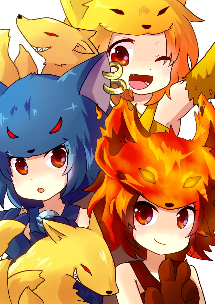 3girls :o ;d animal_hands animal_hat arm_up bare_shoulders bell blonde_hair blue_hair blue_headwear cat_o'_nine_tails_(ragnarok_online) claws closed_mouth criss-cross_halter eyes_visible_through_hair fang fire firefox_(ragnarok_online) fox fox_girl fox_hat halterneck hand_up hands_up hat jingle_bell kazuneko_(pixiv11958023) kitsune looking_at_viewer moonlight_flower multiple_girls neck_bell nine_tail_(ragnarok_online) one_eye_closed open_mouth orange_eyes piercing ragnarok_online red_headwear redhead short_hair smile traditional_youkai yellow_headwear