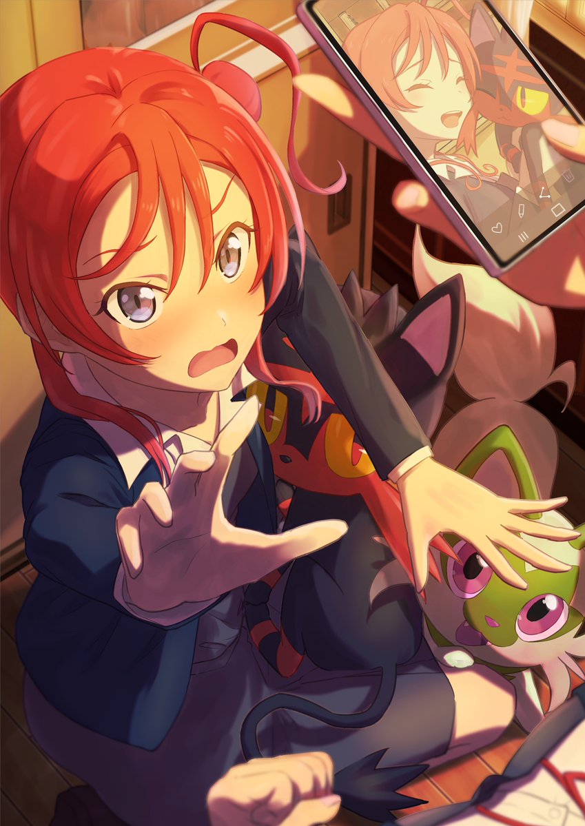 2girls blue_eyes blue_jacket blush cat_day cellphone_picture clenched_hand commentary crossover d: dress embarrassed female_pov foreshortening grey_dress hair_bun holding holding_phone indoors jacket litten looking_at_viewer love_live! love_live!_superstar!! multiple_girls nuzzle on_floor on_lap open_mouth orange-pengin phone pokemon pokemon_(creature) pokemon_on_lap pov reaching reaching_towards_viewer redhead school_uniform short_dress short_hair_with_long_locks single_side_bun sitting sprigatito sunset winter_uniform yoneme_mei yuigaoka_school_uniform