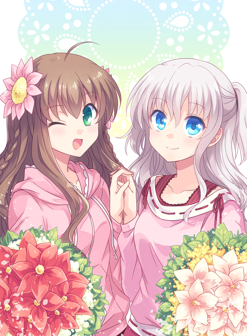 2girls :d ahoge blue_eyes blush bouquet braid brown_hair casual charlotte_(anime) clip_studio_paint_(medium) closed_mouth collarbone commentary_request company_connection crossover eyelashes flower frilled_hood frills green_eyes hair_flower hair_ornament half_updo hand_up happy holding_hands hood hood_down hoodie kanbe_kotori key_(company) kousetsu lily_(flower) long_hair long_sleeves looking_at_viewer multiple_girls open_mouth pink_flower pink_hoodie pink_shirt red_ribbon rewrite ribbon shirt short_ponytail side-by-side sidelocks simple_background smile tomori_nao twin_braids upturned_eyes very_long_hair wavy_hair white_background white_hair white_lily yuri