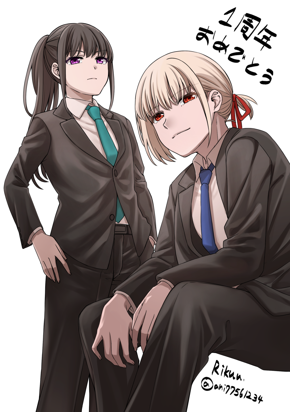 2girls artist_name black_hair black_jacket black_pants blonde_hair blue_necktie closed_mouth collared_shirt commentary_request feet_out_of_frame formal hair_ribbon highres inoue_takina jacket kurokawa_rikuu long_hair long_sleeves looking_at_viewer lycoris_recoil multiple_girls necktie nishikigi_chisato official_alternate_hairstyle one_side_up pants ponytail red_eyes red_ribbon ribbon shirt short_hair sidelocks simple_background standing suit translation_request twitter_username violet_eyes white_background white_shirt
