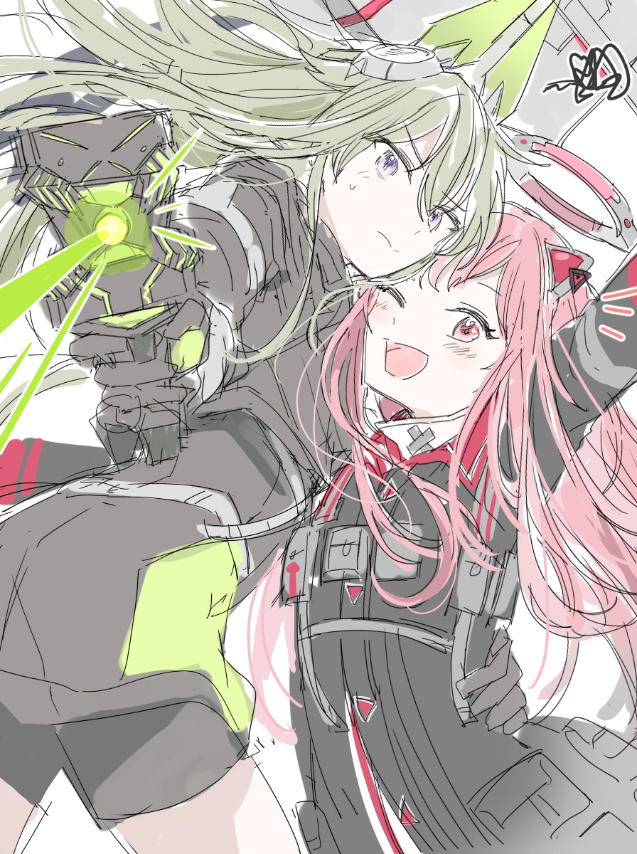 2girls animal_ears arm_up black_gloves close_game/offline_(project_sekai) closed_mouth fake_animal_ears gloves green_hair halo hand_on_another's_waist highres holding holding_weapon kaesmedubu kusanagi_nene long_hair looking_at_viewer mechanical_halo multiple_girls official_alternate_costume official_alternate_hair_length official_alternate_hairstyle one_eye_closed ootori_emu open_mouth pink_eyes pink_hair project_sekai shorts violet_eyes weapon