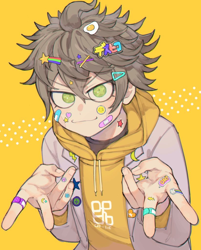 1boy bandaid bandaid_on_face bandaid_on_hand black_shirt brown_hair character_name closed_mouth commentary_request crescent decora desuhiko_thunderbolt double_v fried_egg green_eyes grey_jacket hair_ornament hairpin heart hood hood_down hoodie jacket long_sleeves looking_at_viewer male_focus master_detective_archives:_rain_code natto_rain pin rainbow shirt short_hair smile smiley_face solo star_(symbol) star_in_eye sticker_on_face symbol_in_eye upper_body v v-shaped_eyebrows x_hair_ornament yellow_background yellow_hoodie