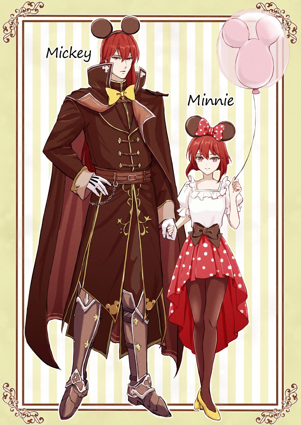 1boy 1girl balloon black_bow black_coat black_pantyhose bow bowtie brother_and_sister cape coat disney fire_emblem fire_emblem:_mystery_of_the_emblem full_body gloves hair_between_eyes hair_bow highres holding holding_balloon holding_hands long_hair long_sleeves looking_at_viewer maria_(fire_emblem) michalis_(fire_emblem) mickey_mouse_ears minnie_mouse_ears pantyhose polka_dot polka_dot_bow polka_dot_skirt puffy_short_sleeves puffy_sleeves red_eyes redhead shirt short_hair short_sleeves siblings skirt white_gloves white_shirt yellow_bow yellow_bowtie yori_ilrosso