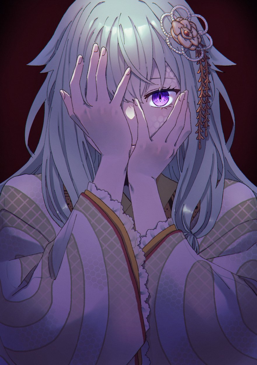 1girl commentary_request covered_mouth covering_face fingernails green_hair hair_ornament hands_up highres kusanagi_nene long_hair long_sleeves looking_at_viewer m_ccc_chi one_eye_covered project_sekai sidelocks solo upper_body violet_eyes