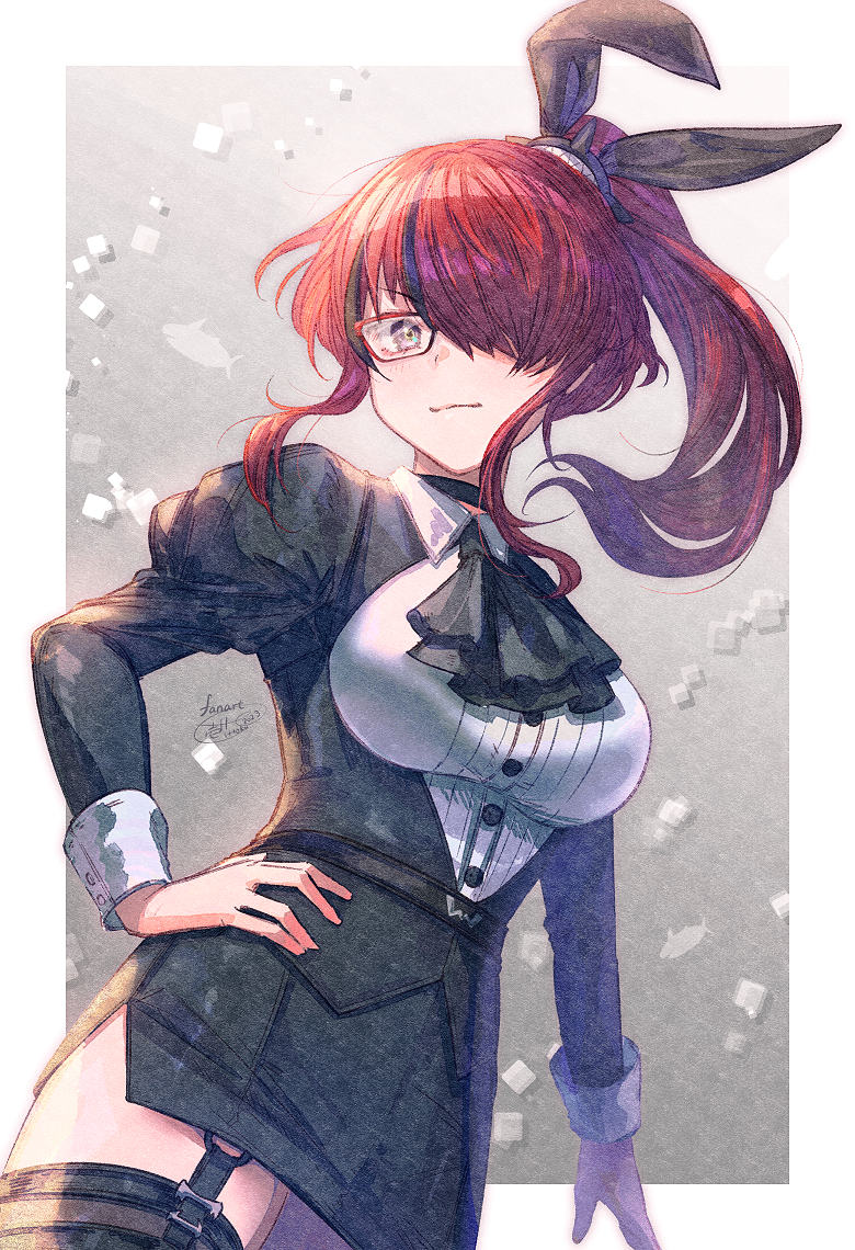 1girl ascot bespectacled black_ascot black_hair black_jacket black_skirt black_thighhighs breasts brown_eyes closed_mouth collared_shirt dress_shirt garter_straps glasses grey_background hair_over_one_eye hand_on_own_hip high_ponytail ittokyu jacket juliet_sleeves lain_paterson lain_paterson_(2nd_costume) large_breasts long_hair long_sleeves looking_at_viewer multicolored_hair nijisanji over-rim_eyewear pencil_skirt ponytail puffy_sleeves red-framed_eyewear redhead semi-rimless_eyewear shirt sidelocks skirt smile solo streaked_hair thigh-highs virtual_youtuber white_shirt