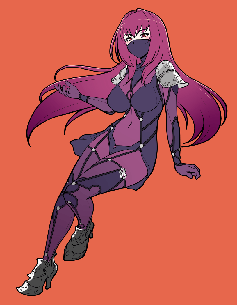 1girl armor black_footwear bodysuit breasts fate/grand_order fate_(series) full_body high_heels impossible_bodysuit impossible_clothes jam-orbital long_hair looking_at_viewer mask mouth_mask purple_bodysuit purple_hair scathach_(fate) shoulder_armor showgirl_skirt solo violet_eyes