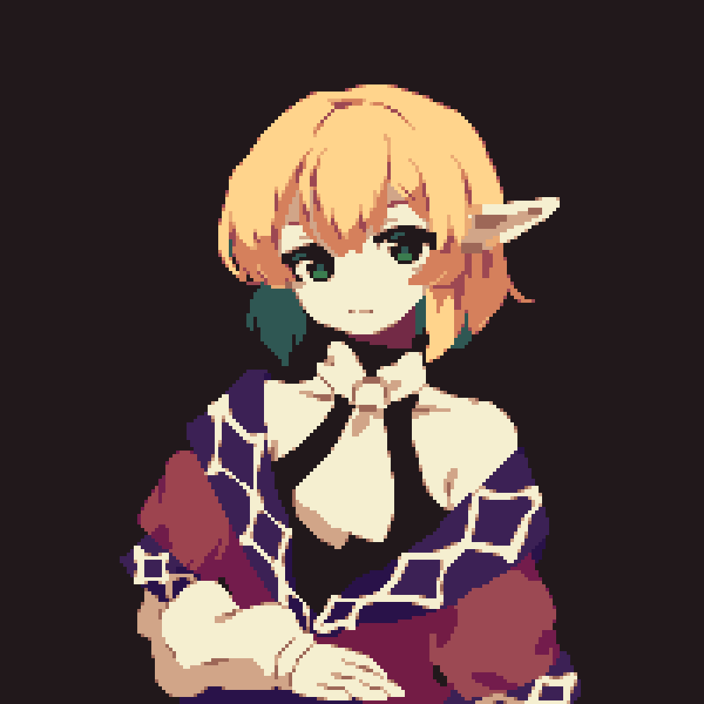 1girl 4qw5 arm_warmers blonde_hair brown_dress closed_mouth dark_background dress expressionless eyebrows_hidden_by_hair green_eyes grey_background hair_between_eyes looking_at_viewer mizuhashi_parsee pixel_art pointy_ears short_hair simple_background solo straight-on touhou upper_body