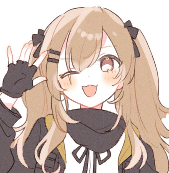 1girl arm_up black_gloves black_jacket blush brown_hair commentary_request fingerless_gloves girls_frontline gloves hair_between_eyes jacket long_hair looking_at_viewer nig_18 one_eye_closed open_clothes open_jacket open_mouth red_eyes scar scar_across_eye scar_on_face shirt simple_background smile solo twintails ump9_(girls_frontline) white_background white_shirt