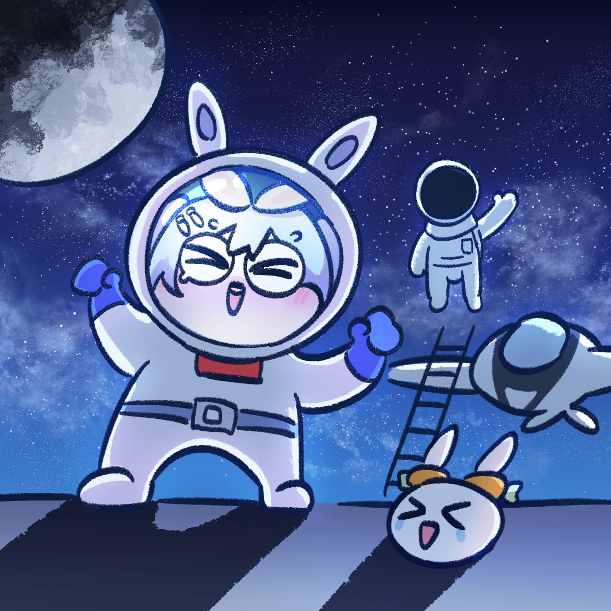 &gt;_&lt; 1girl 1other :d alternate_costume arms_up astronaut astronaut_(only_up!) blue_background blue_theme blush chibi closed_eyes clouds cloudy_sky commentary creature facing_viewer floating full_body happy helmet highres hololive jabumo721 ladder moon nousagi_(usada_pekora) only_up! open_mouth outdoors sky smile space space_helmet spacecraft spacesuit standing star_(sky) starry_sky teeth upper_teeth_only usada_pekora virtual_youtuber
