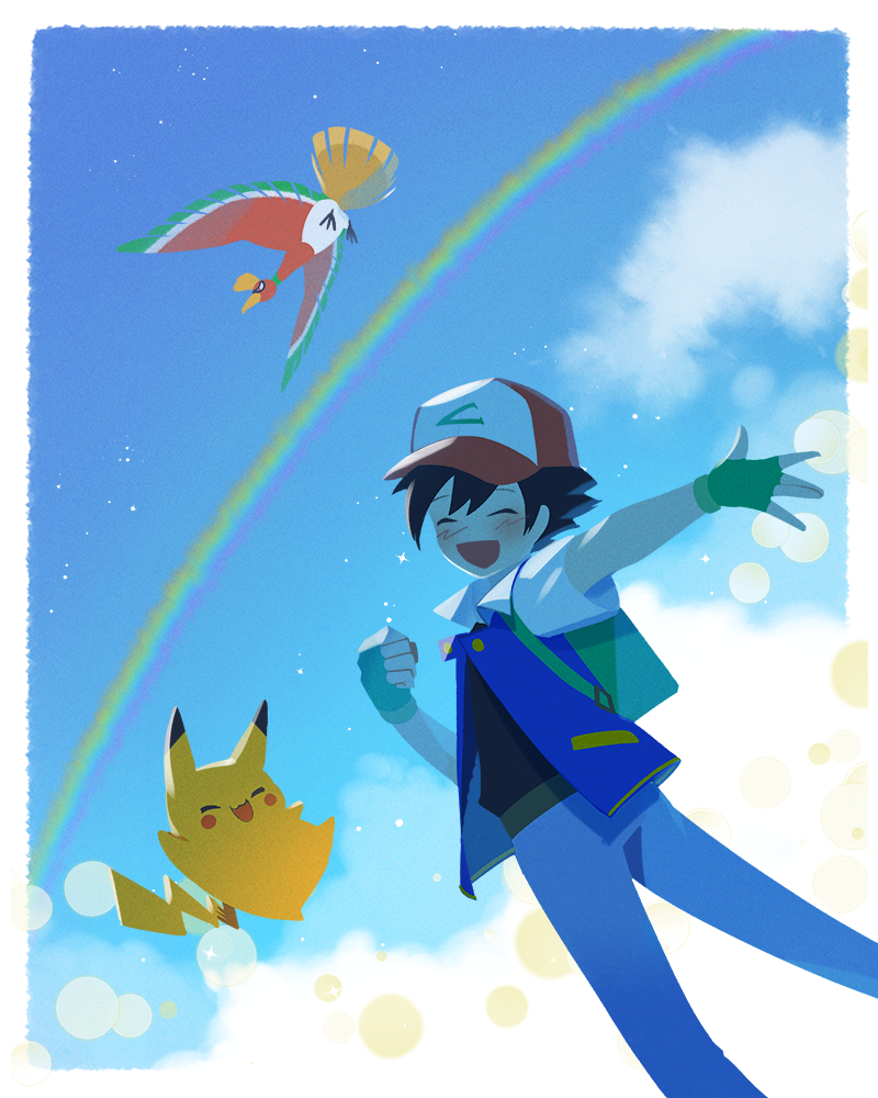 1boy :d ash_ketchum backpack bag blush border clenched_hand closed_eyes clouds commentary_request day fingerless_gloves gloves green_gloves gyuhwa hat ho-oh jacket male_focus open_clothes open_jacket open_mouth outdoors pants pikachu pokemon pokemon_(anime) pokemon_(classic_anime) pokemon_(creature) rainbow red_headwear shirt sky smile white_border