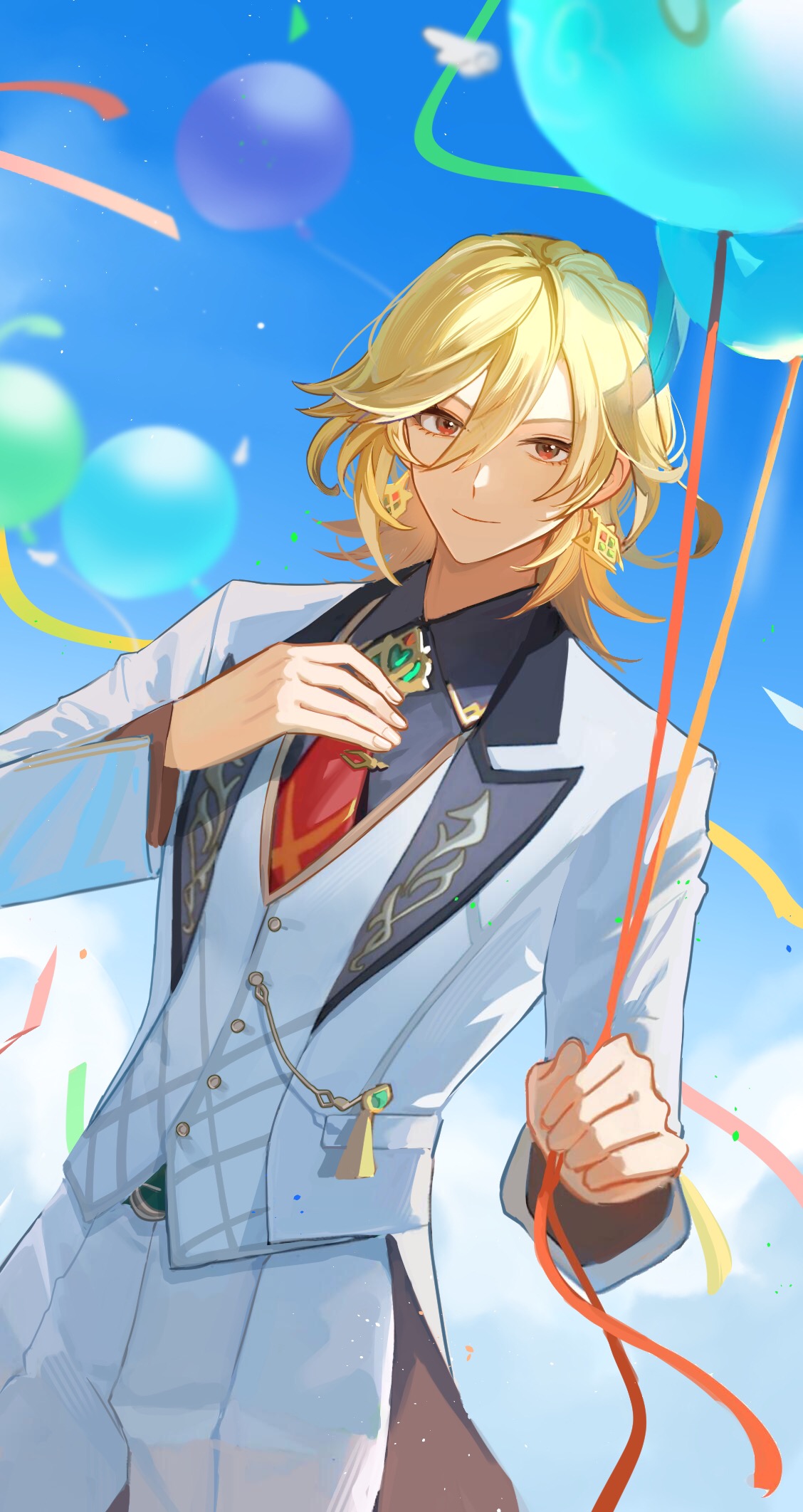 1boy balloon black_shirt blonde_hair blue_sky buttons chinese_commentary closed_mouth clouds coattails collared_shirt commentary_request confetti cowboy_shot day earrings formal genshin_impact gold_trim hair_between_eyes hands_up highres holding holding_balloon jacket jewelry kaveh_(genshin_impact) kaveh_(gigo)_(genshin_impact) lapels long_hair long_sleeves looking_at_viewer male_focus necktie official_alternate_costume open_clothes open_jacket outdoors pants parted_bangs red_eyes red_necktie shirt sidelocks sky slime_(genshin_impact) smile solo standing streamers suit vest white_jacket white_pants white_vest wing_collar yiyiyiyi670