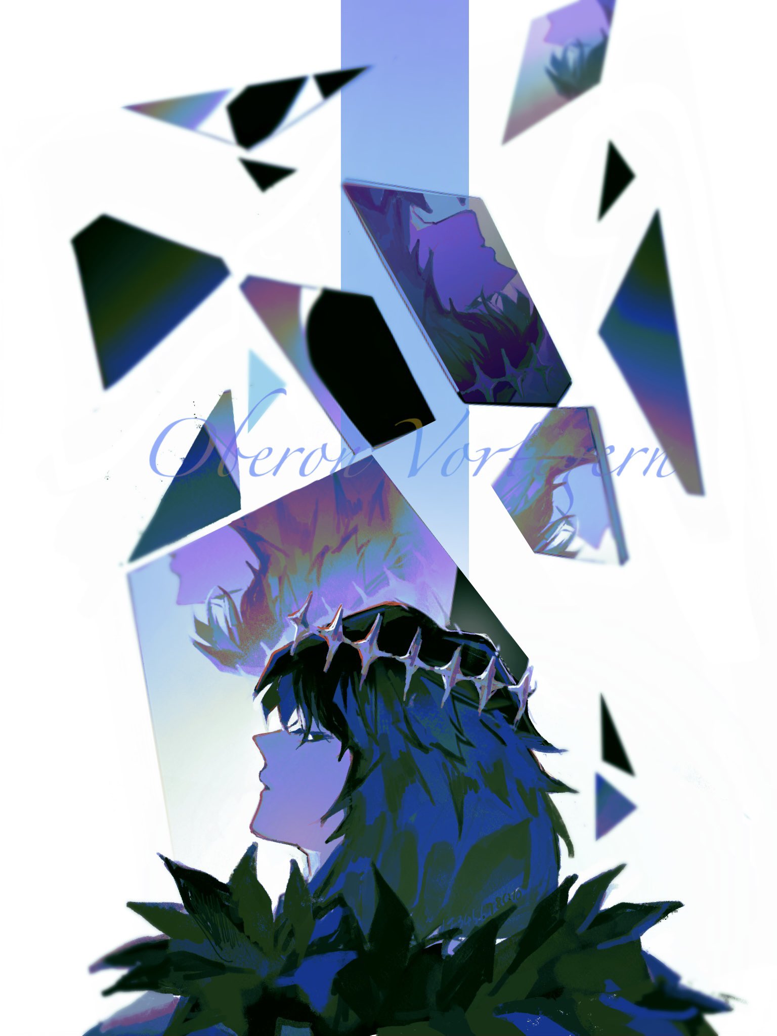 1boy black_hair broken_glass cape crown diamond_hairband fate/grand_order fate_(series) fur-trimmed_cape fur_trim glass glass_shards highres looking_at_viewer looking_back male_focus medium_hair no_wings oberon_(fate) oberon_(third_ascension)_(fate) profile reflection simple_background solo upper_body u~o_sushi_(12345678q10_) white_background