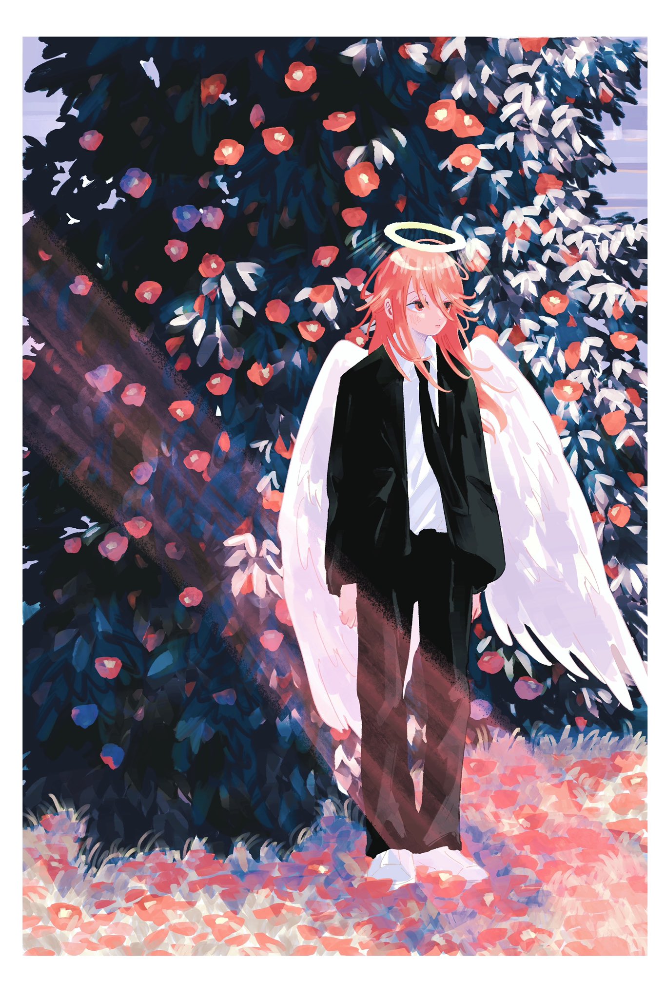 1boy angel angel_devil_(chainsaw_man) angel_wings black_jacket black_necktie black_pants border chainsaw_man collared_shirt halo highres jacket kumanooppo light_rays long_hair looking_to_the_side necktie pants redhead rose_bush shirt shirt_tucked_in solo suit suit_jacket white_border white_footwear white_shirt white_wings wings