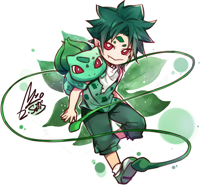 1boy bright_pupils bulbasaur closed_mouth creature creature_and_personification creature_on_shoulder fang green_hair green_pants green_shirt male_focus myo_(79500) no_nose nostrils on_shoulder pants plant pointy_ears pokemon red_eyes scarf shirt short_hair short_sleeves signature vines white_background white_footwear white_pupils white_scarf