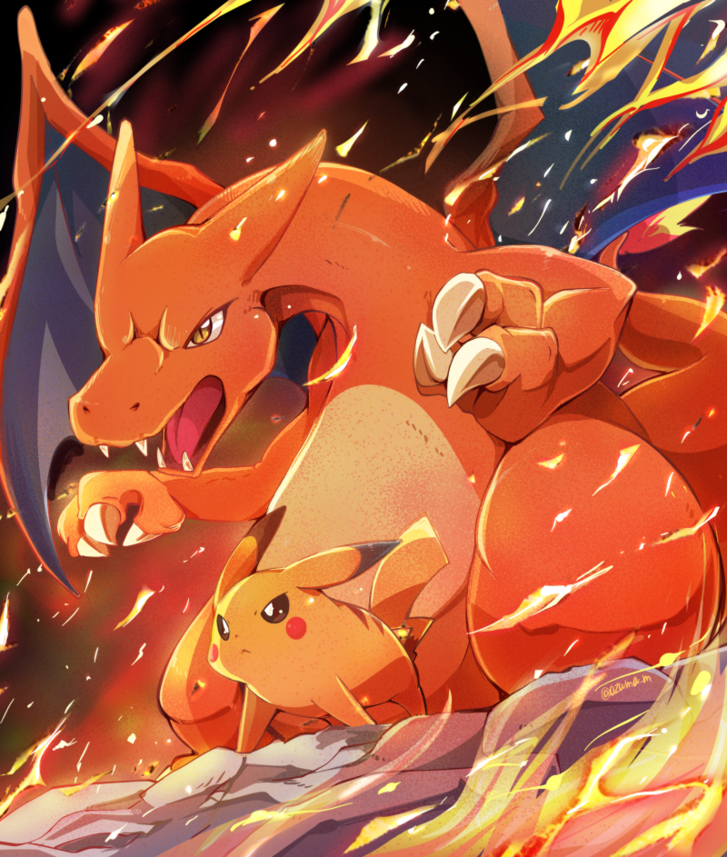 animal_focus azuma_minatsu brown_eyes charizard claws embers fangs fighting_stance fire frown no_humans nostrils open_mouth pikachu pokemon pokemon_(creature) signature standing wings yellow_eyes