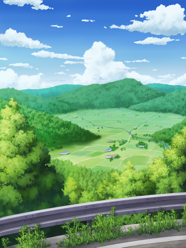 aoha_(twintail) blue_sky building bush clouds cloudy_sky day forest guard_rail mountain mountainous_horizon nature original rice_paddy river road rural scenery sky tree village weeds