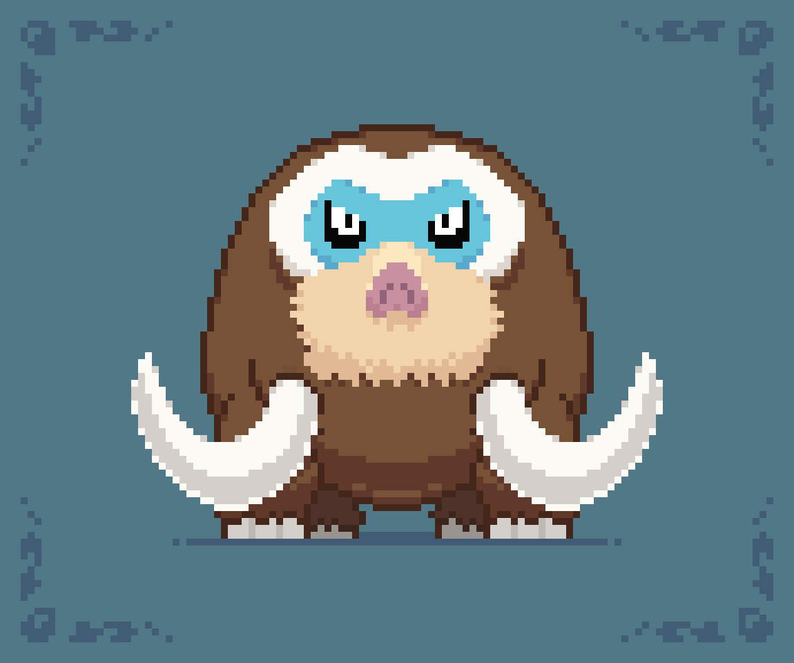 animal_focus black_sclera blue_background blue_border border colored_sclera commentary english_commentary full_body looking_at_viewer mamoswine no_humans pixel_art pokemon pokemon_(creature) simple_background solo standing straight-on tusks white_eyes wisgarus