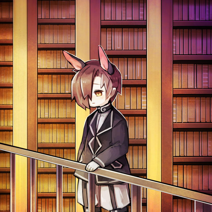 1boy animal_ears black_jacket bookshelf brown_hair closed_mouth commentary_request dog_ears garter_straps hair_over_one_eye hand_on_railing harvest_fes jacket librarian_(library_of_ruina) library_of_ruina long_sleeves male_focus project_moon shirt short_hair shorts solo white_shirt white_shorts yellow_eyes